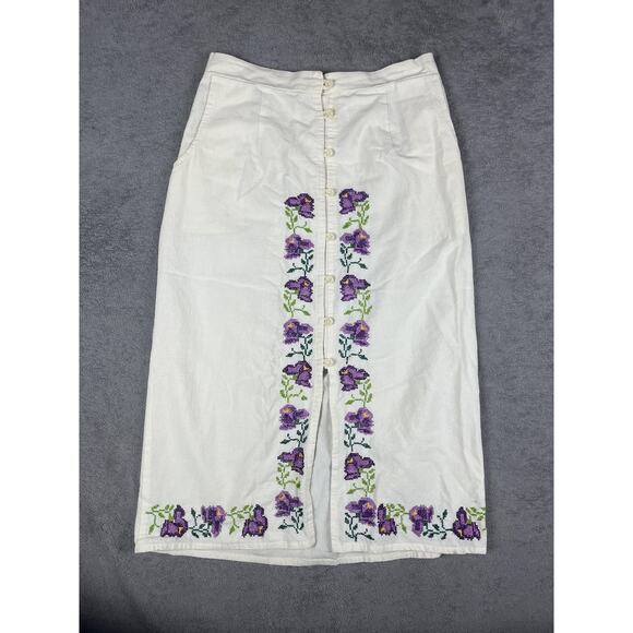 Vintage Hand Embroidered Floral Skirt White Purple Button Front Boho Cottagecore - Picture 1 of 10